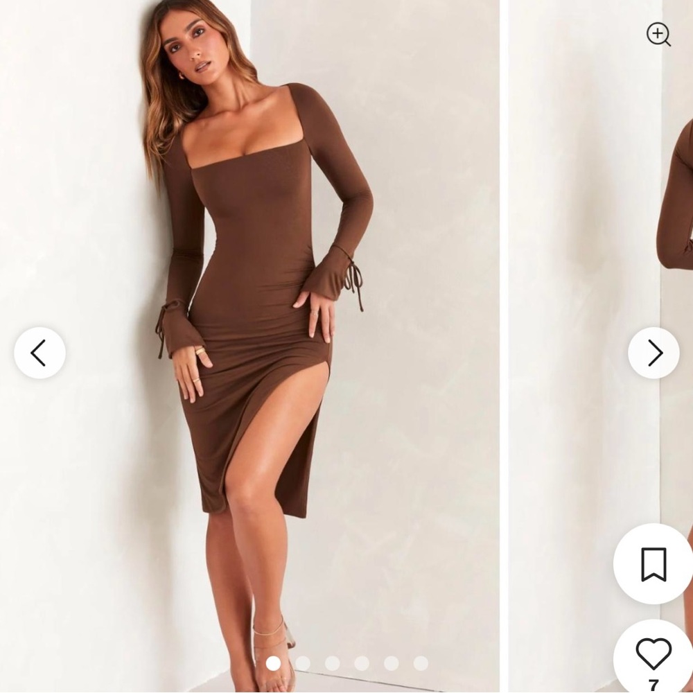 Oh Polly square neck long sleeve midi dress in brown